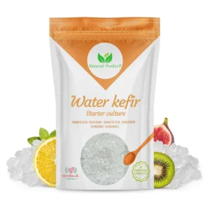 Pouch of Natural Probio water kefir grains starter culture with live grains, lemon, fig and kiwi