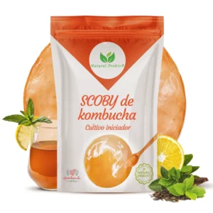 Bolsa de SCOBY de kombucha Natural Probio, cultivo iniciador con vaso de kombucha, limón y menta