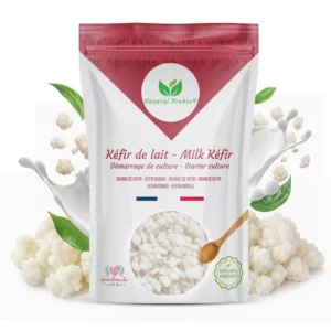 Sachet de grains de kéfir de lait Natural Probio avec grains frais et éclaboussure de lait, culture de démarrage