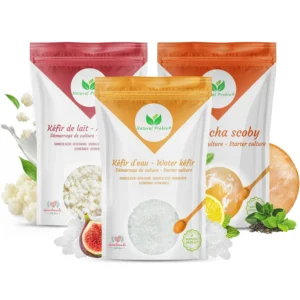 Kit completo Natural Probio: granuli di kefir di latte 20 g, granuli di kefir d’acqua 30 g e uno scoby di kombucha, colture vive