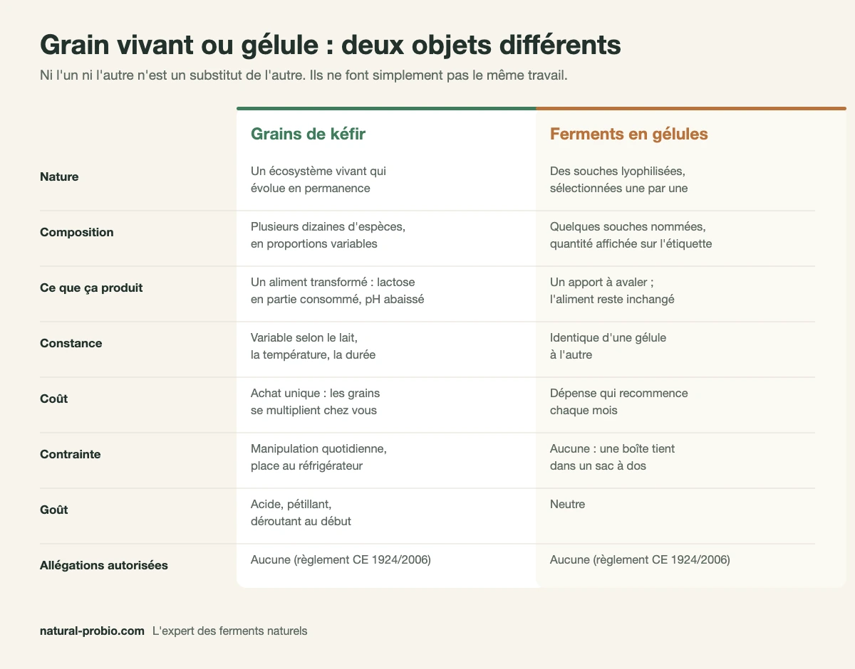Tableau comparatif entre les grains de kéfir et les ferments en gélules : nature, composition, constance, coût, contrainte, goût et allégations autorisées